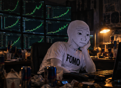 Wojak in a dark room full of trading monitors